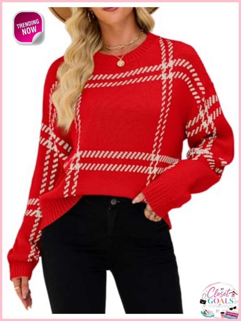 Plaid Pullover Sweater Crew Neck Long Sleeve Lightweight